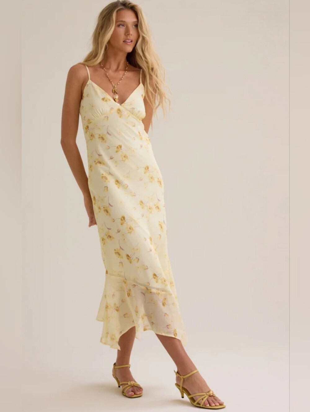 Yellow Floral Slip Dress with Spaghetti Straps Size Small